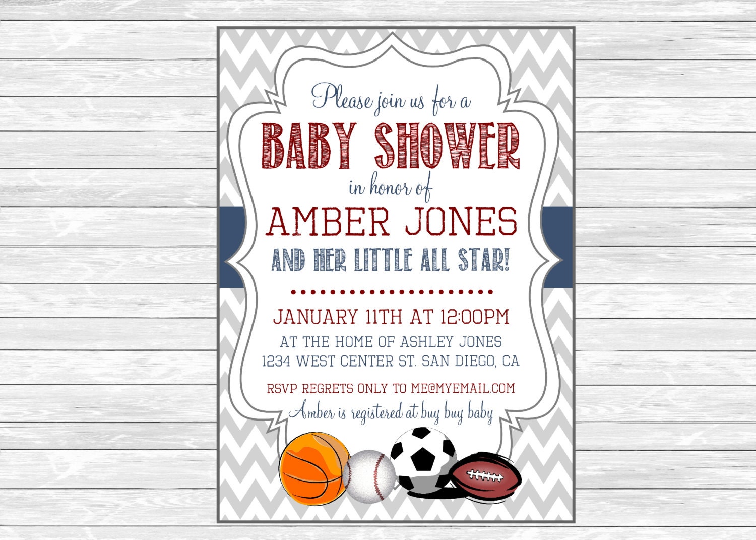 Sports baby shower invitation. Printable by CutePhotoCards on Etsy