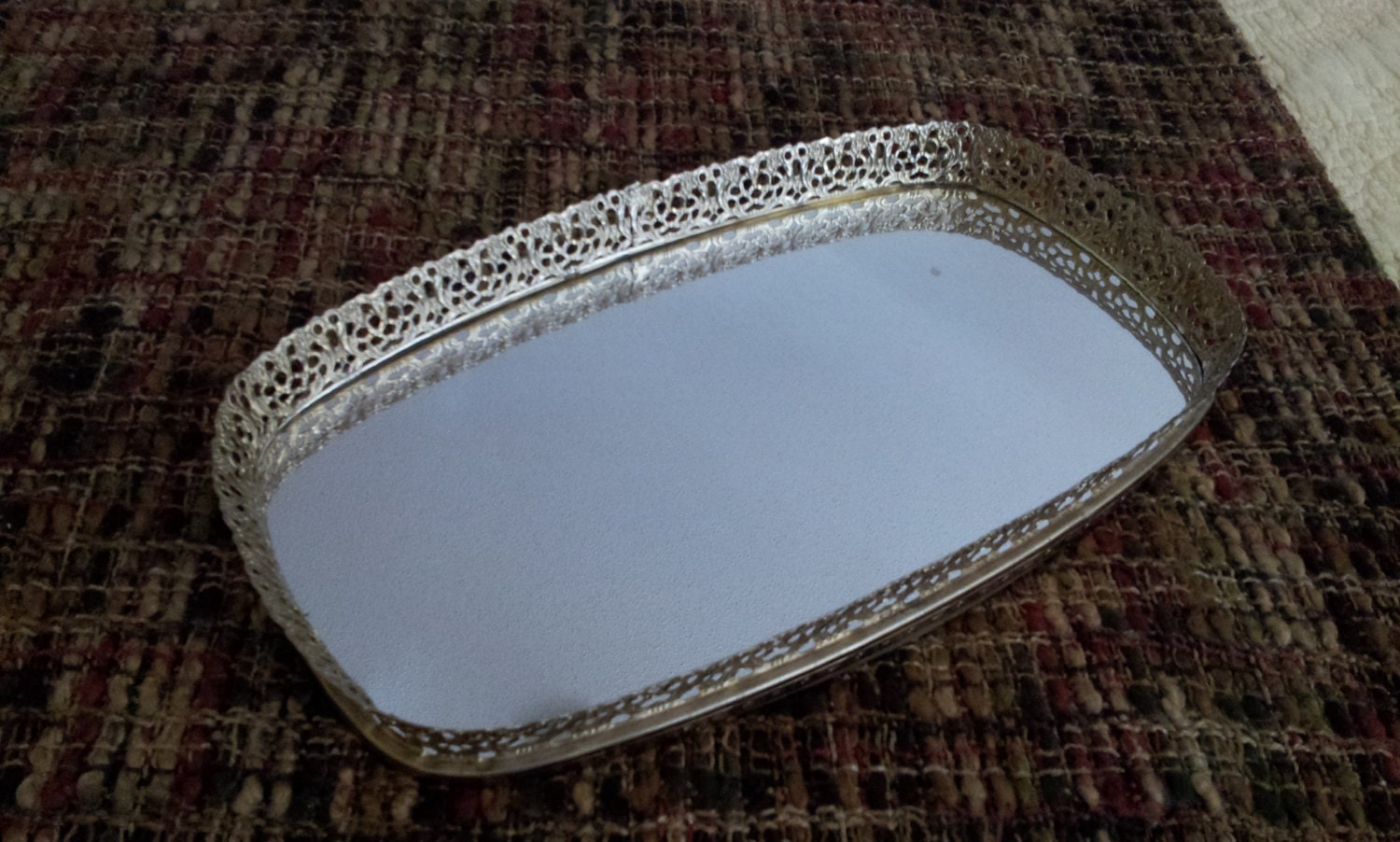 8x14 Mirrored Dresser Tray Ornate Gold Metal Edge Vintage