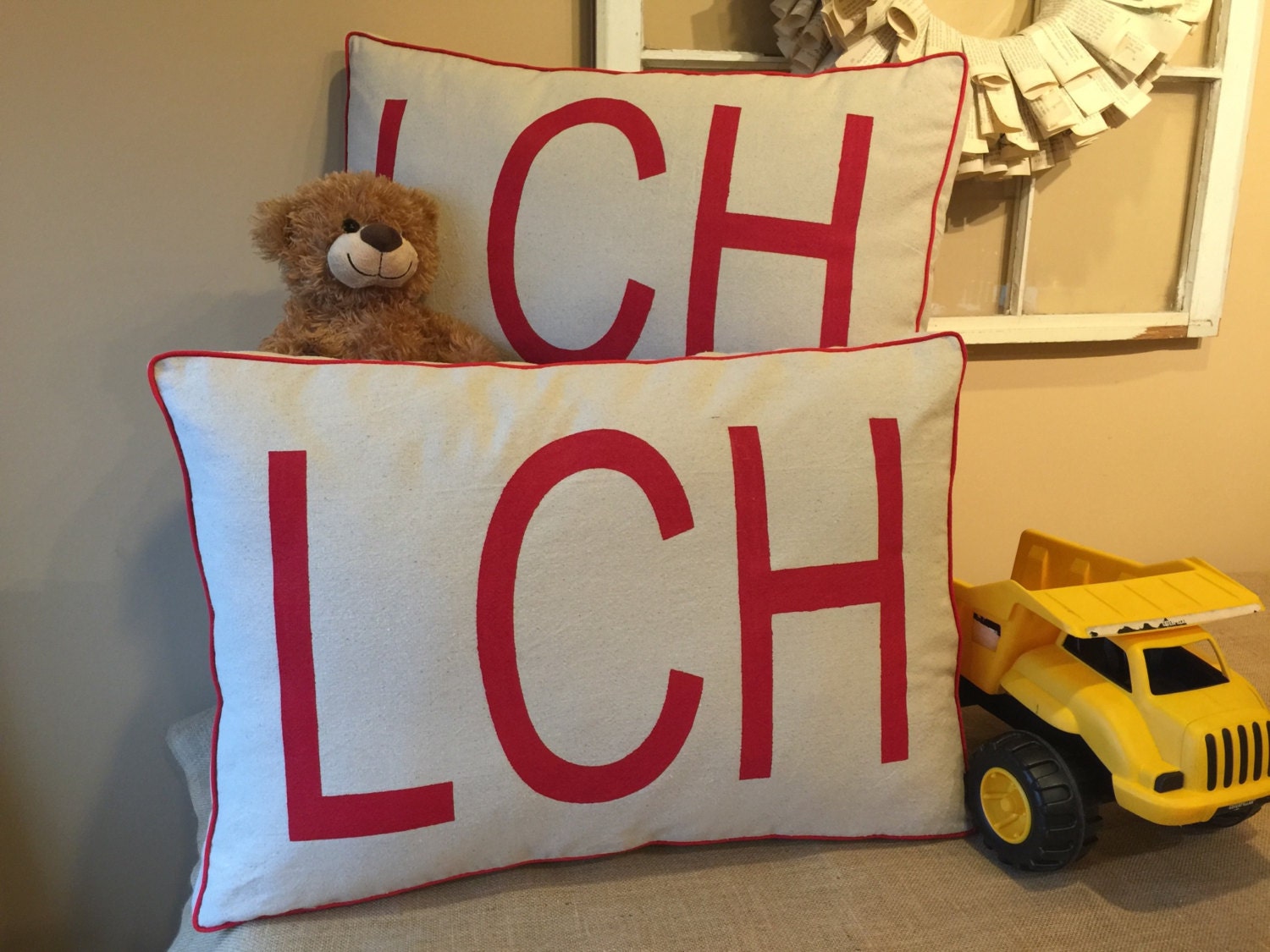 Large Monogrammed Pillow Lumbar Pillow by SassafrasHome on Etsy