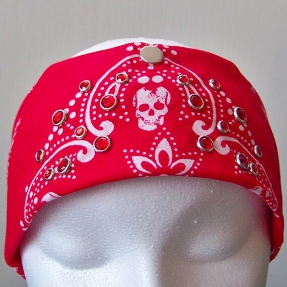 Bandana Head Band Red and White Skull Headband Rhinestone