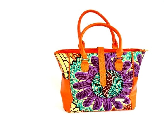 African Wax  Print Tote Bag , African Bag, Ankara Fabric Tote Bag With leather Straps, Orange Hobo Bag, Large African Ankara Fabric Tote