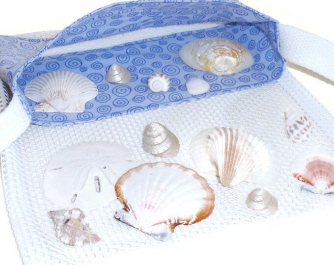 Sea Shell Bag, Shell Collecting Bag, Mesh Beach Bag, Pool Toy Bag, Kids Shell Tote Bag, Sand Beach Bag, Blue Swirl Beachcomber Bag