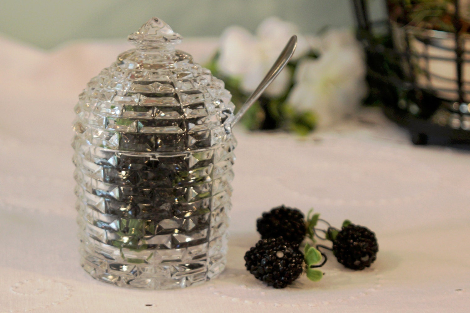 Crystal Beehive Jar Crystal Honey Pot with Lid Figural Beehive Jar