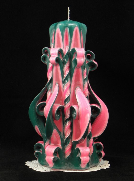 Hand Carved Candle Pink and Hunter Green Lantern Carve 7