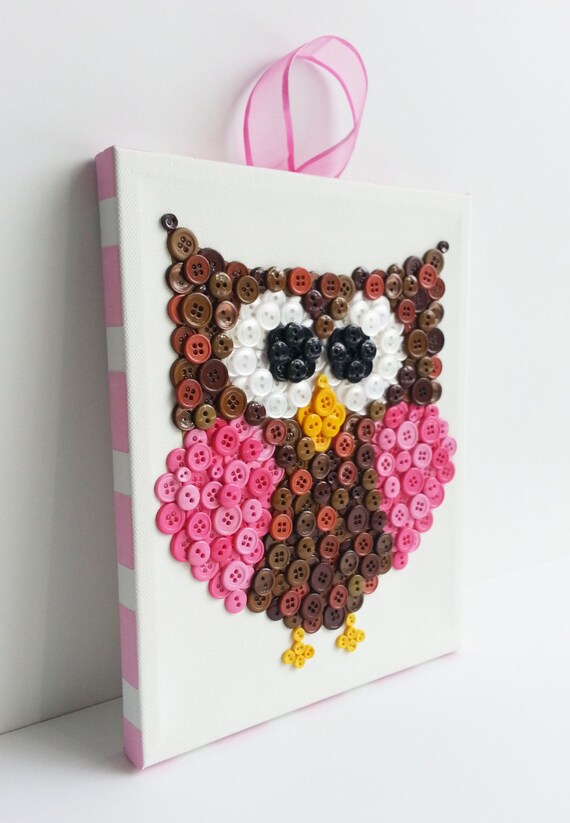 Button Art, Animal, Owl, Purple, Canvas, 8x10