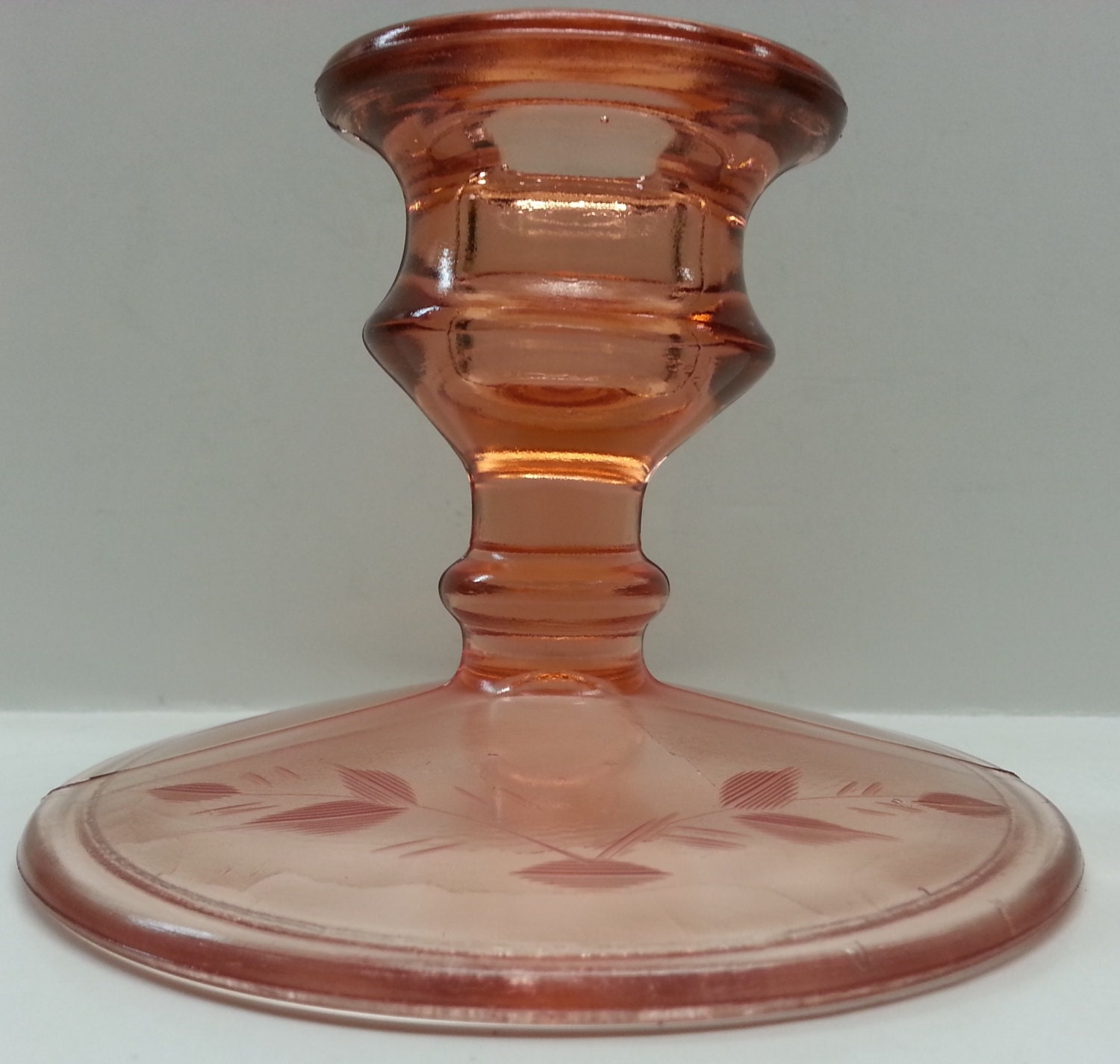 Etched Leaf Vine Pink Depression Glass Taper Candle Holder