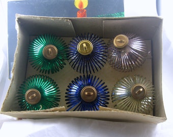60s Christmas tree decorations: half dozen tree ornaments made of plastic. VEB Alu-Glas Lauscha (Thuringia). In original box. VINTAGE
