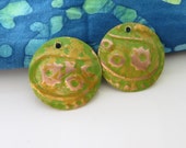 Genuine Copper Embossed Round Earring Dangles in Olive Green and Gold   HM15-014E