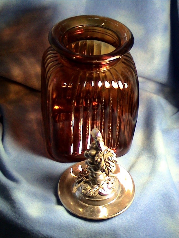 Vintage Large Brown Glass Jar & Metal Vinyard Lid by BazodeeBazaar