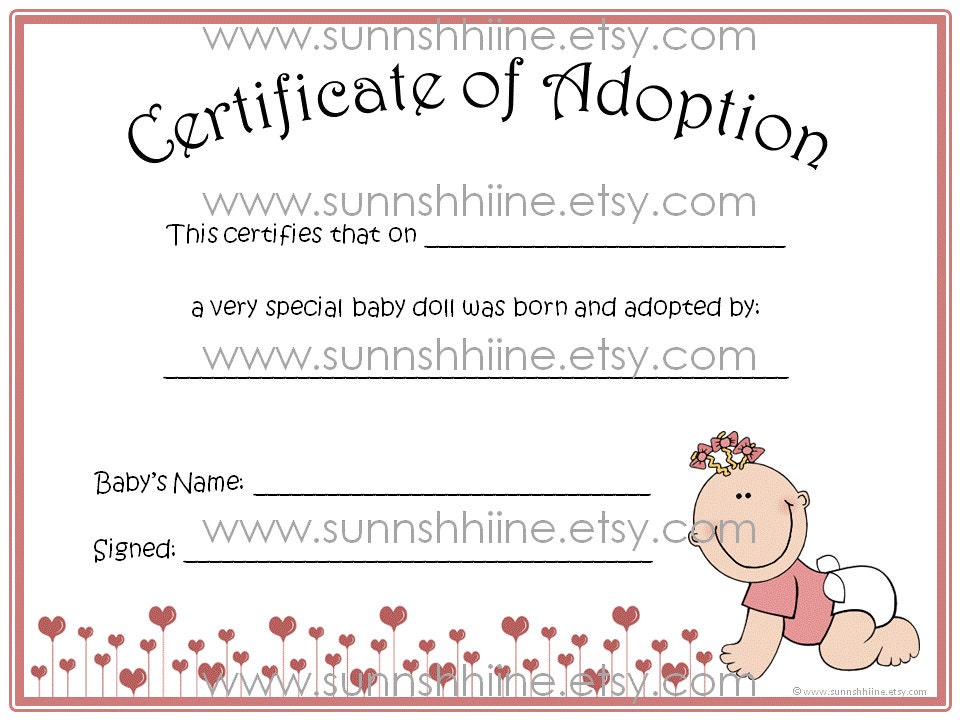 Certificate of Adoption GIRL Baby Doll Toy Adopt by ...