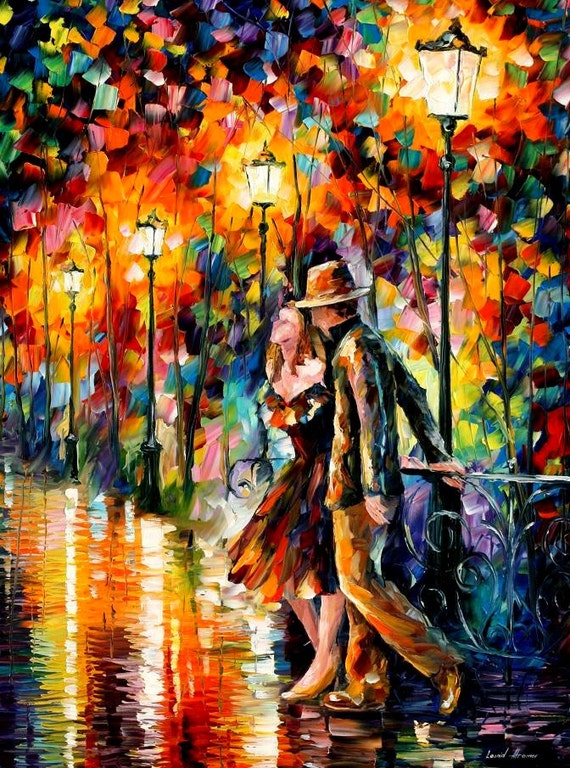 Romantic Couple Artwork On Canvas Bright Painting By Leonid