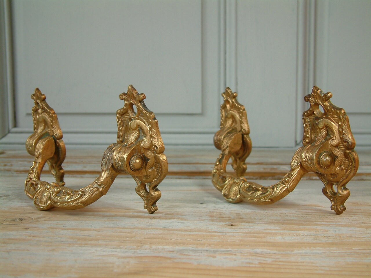 Antique French LARGE gilded ornate drawer pulls. Set of 2. Louis XV