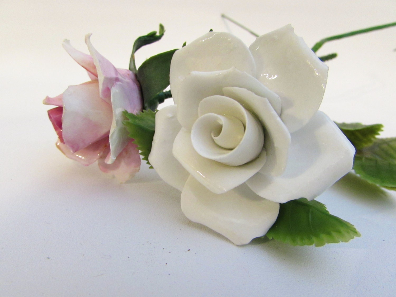 Vintage Porcelain China Roses with Plastic Stems and Leaves