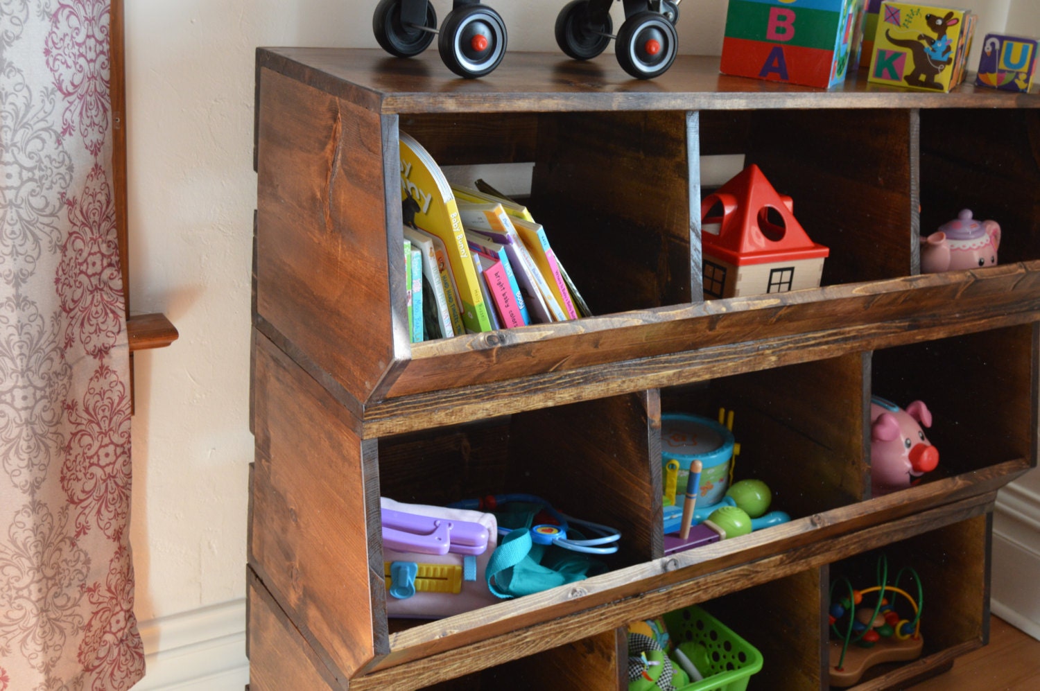 wood toy storage with bins