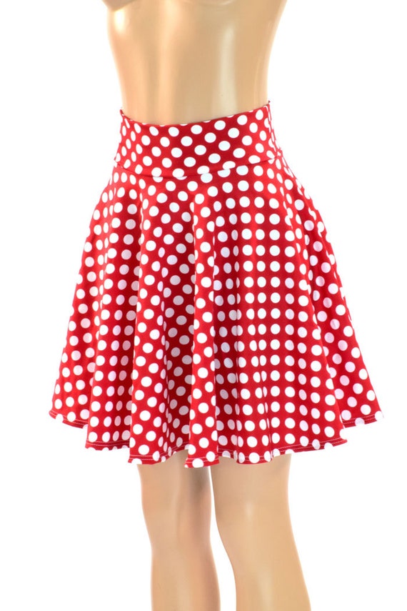 Red & White Polka Dot Print Skater Skirt Full Circle Stretchy