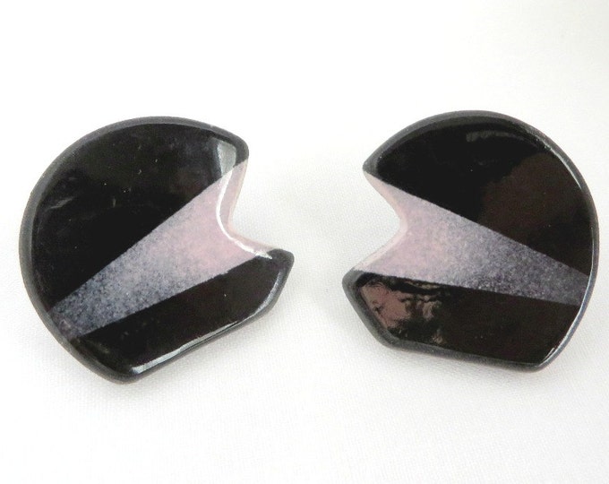 Vintage Black and Pink Enamel Earrings, Artisan Studs