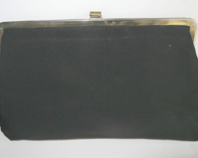 Black Satin Purse, Vintage Clutch, 1950s Evening Bag, Goldtone Chain Drop-in Handle