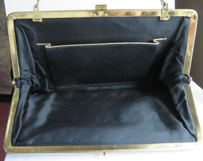 Black Satin Purse, Vintage Clutch, 1950s Evening Bag, Goldtone Chain Drop-in Handle