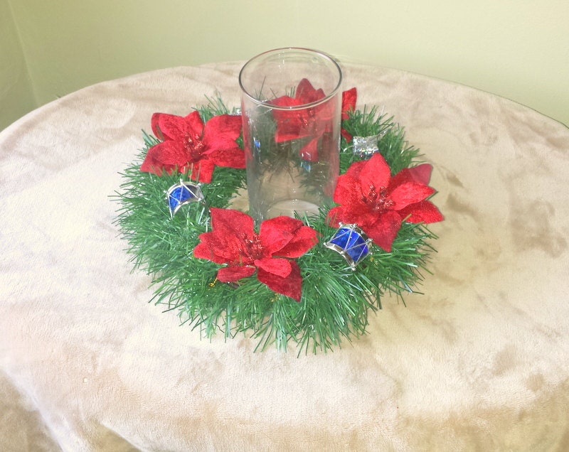 Christmas Drum Poinsettia Candle Wreath / Ring,Xmas Candle Ring with Poinsettias and Drums,Christmas Centerpiece,Xmas Poinsettia Centerpiece