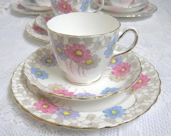 Vintage Tea Trio, Plant Tuscan China, Hand Coloured, Pastel Flowers, 1930s, 4 Sets Available