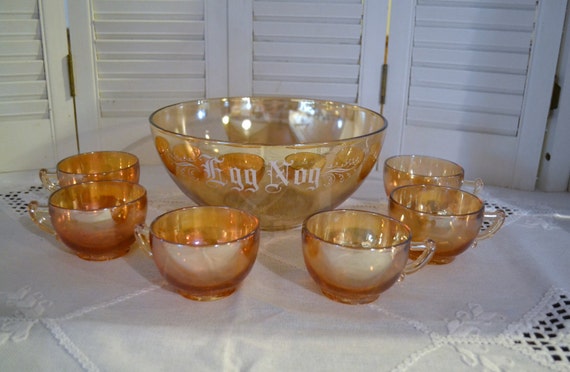 Vintage Carnival Glass Egg Nog Punch Bowl 6 Cups Chrsitmas