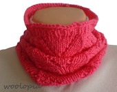 Cowl, hand knit scarf, hemstitch chunky scarf; neckwarmer. Pink, Purple or Creme.