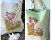 Canvas Tote Bags with Pink Polka Dot Wedge Heel Shoe, Beach Bag, Tote Bag, Natural Color