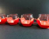 Set of Four Roly Poly Glasses in Removable Orange Plastic Holders.Retro Kitchen.Mod Coffee Cups. Hostess Gift. Retro Cocktail Glasses.
