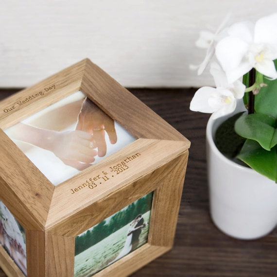 Personalised Oak Photo Cube Keepsake Box Wedding Gift by