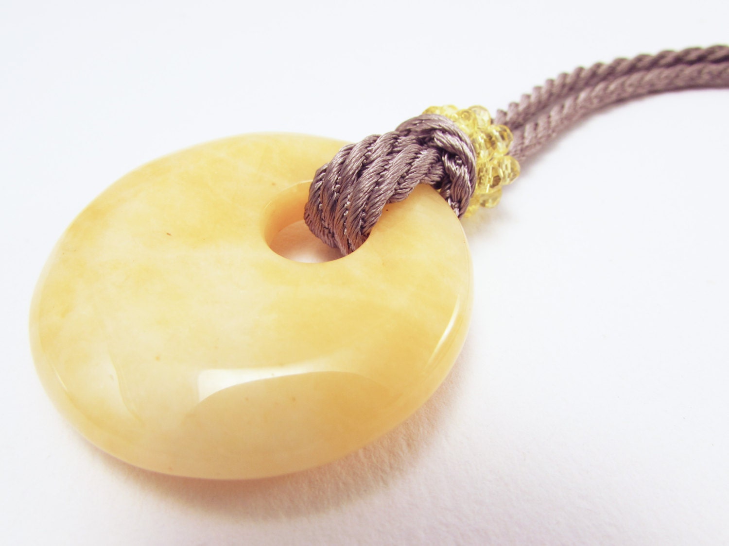 Chunky Natural Yellow Jade Gemstone with Grey Braided Silk