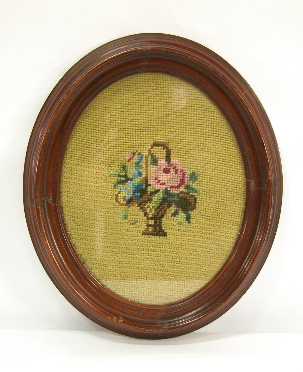 SALE Antique Wood Oval Frame with Floral Needlepoint bridal
