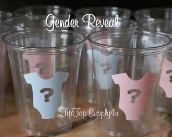 24 gender reveal onsie 10,12 or 16 oz. clear disposable cup. Baby Shower, sprinkle party, boy or girl, Team Pink, vinyl sticker. C-177