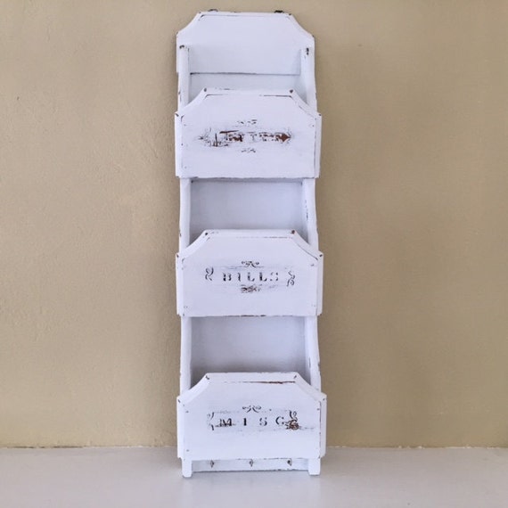 Shabby chic vintage wood wall letter mail organizer white