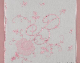 Vintage “B” Pink Monogram on White Madeira Handkerchief Hanky (Inventory #M4475)