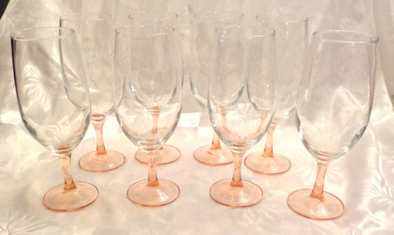 8 Vintage Stemware Wine Glasses Peach Pink Blush Color White