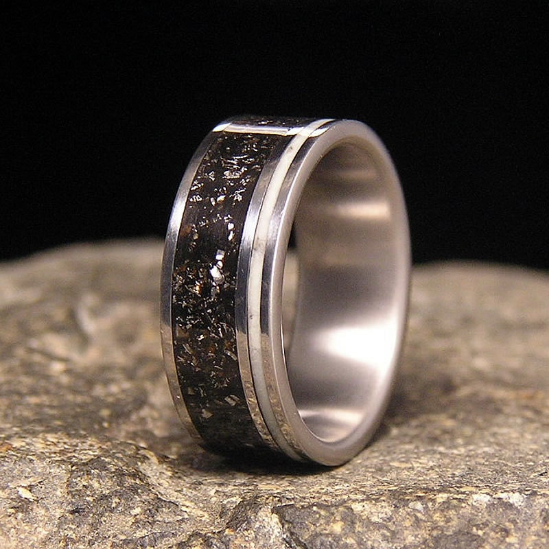 meteorite shavings wide offset aqua glow pinstripe inlay titanium wedding band or ring - Meteorite Wedding Ring meteorite shavings wide offset aqua glow pinstripe inlay titanium wedding band or ring - Meteorite Wedding Ring