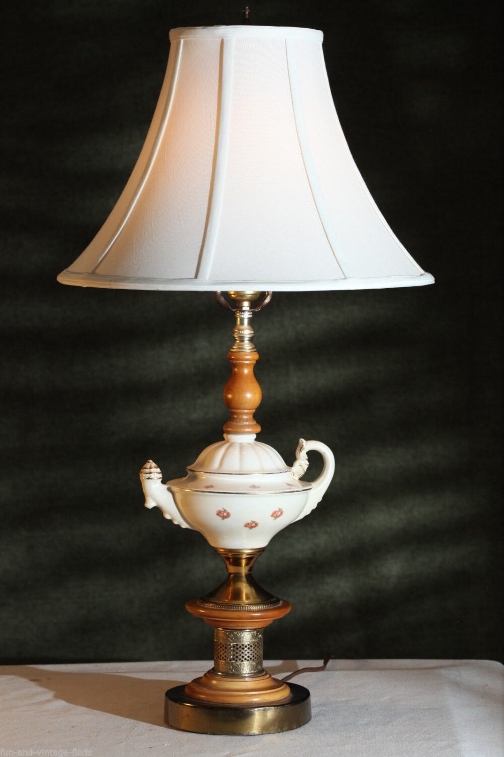 Vintage Ceramic Wood Brass GENIE Teapot Shape LAMP Floral