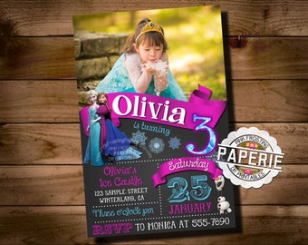 FROZEN PRINTABLE INVITATION, Custom Frozen Invitation For Girls Birthday Party, Frozen Party Decor, Photo Invitation, Pink Frosting Paperie