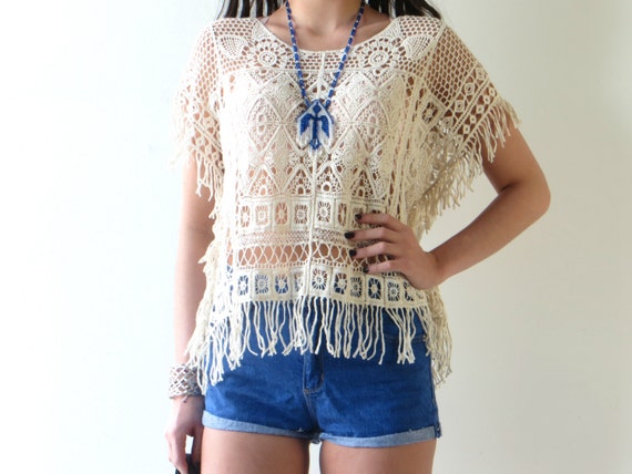 Fringe Open Weave Crochet top Boho Dress / Tunic S/M