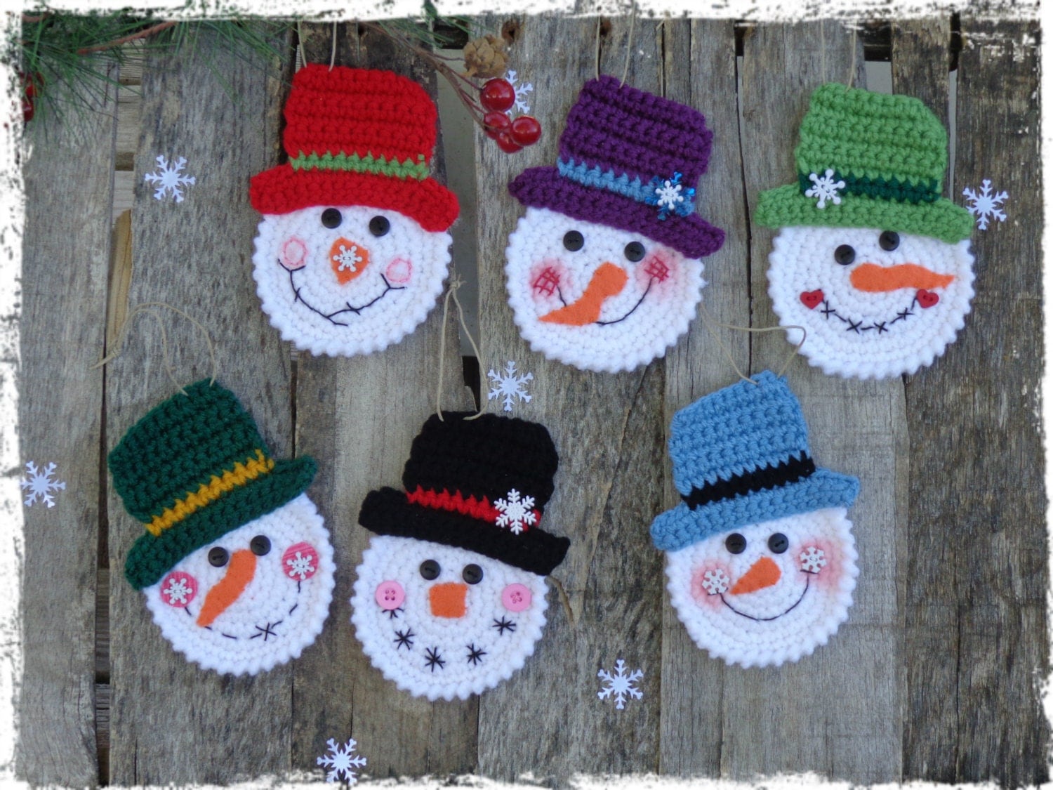 Set of 6 Snowman Christmas Ornament Crochet Snowman