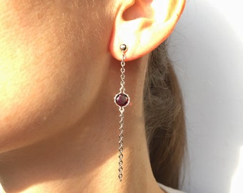 Silver chain drop earrings. chain and garnet dangle earrings, long silver dangle earrings, garnet earrings, garnet drop earrings