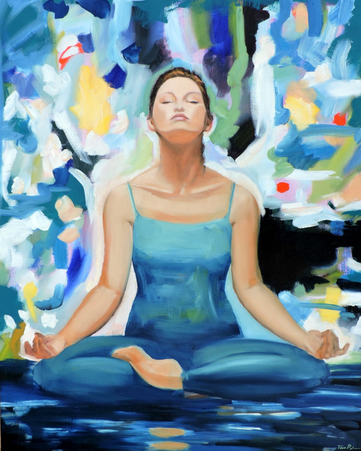 Large Yoga Oil Painting Ebb and Flow Blues Greens