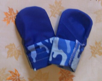 Blue Camo Lightweight  Waterproof Teething Mittens - For finger biting babies - velcro cuff