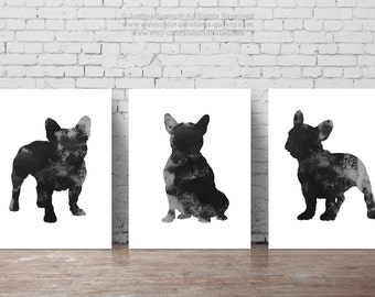 Black French Bulldog, Set of 3, Dog Silhouettes, 3 Posters, Frenchie Illustration, Three art prints Set, Men gift ideas