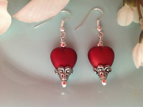 Valentine earrings Valentines jewelry heart earrings red