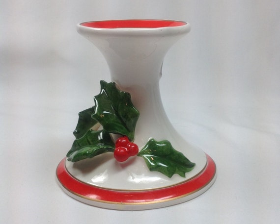 Vintage Ff Fitz And Floyd Christmas Holly Berry Red Trim White-8372