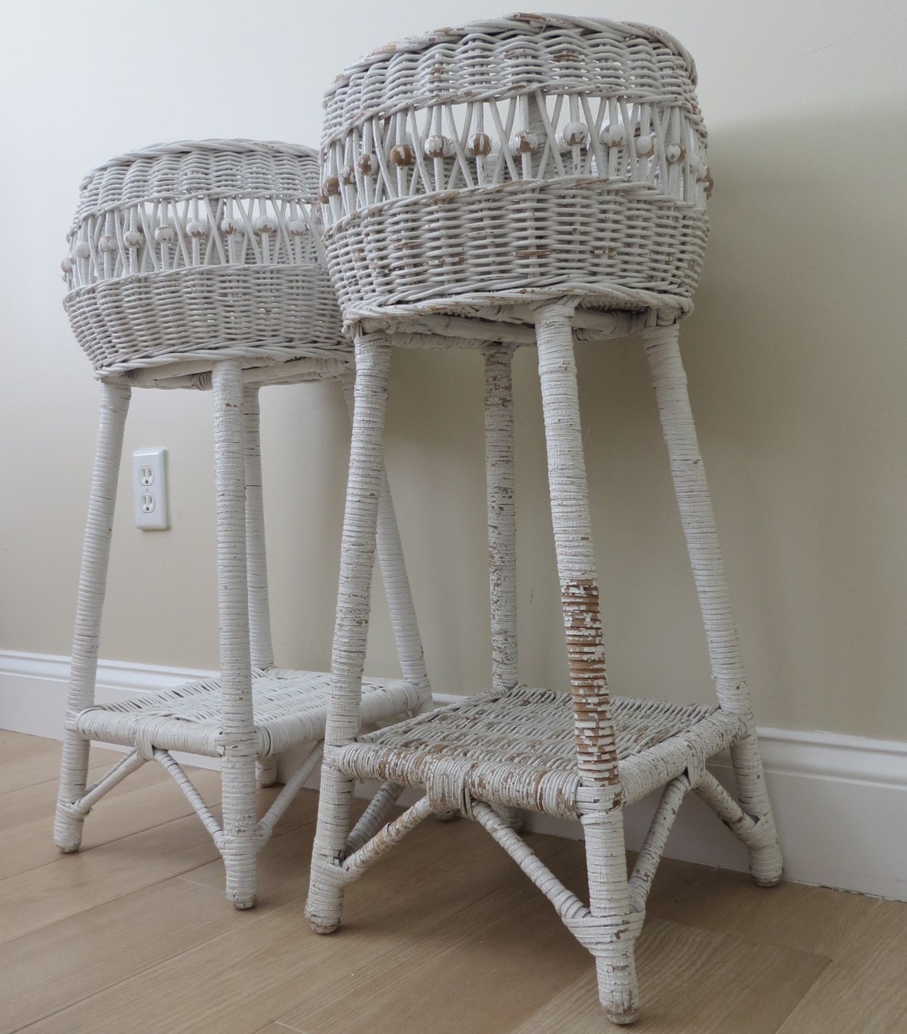 Vintage White Wicker Plant Stands Wicker Basket Wood Beads