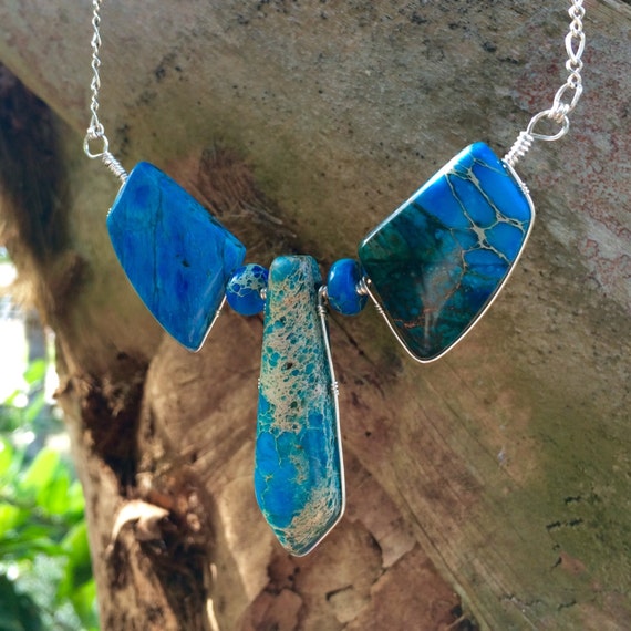 Blue Sea Sediment Jasper Trifecta Necklace Sterling Silver