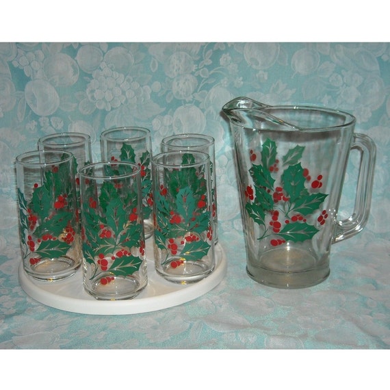 6 Glass Tumblers & Pitcher. Crisa Libbey Christmas Set
