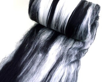 Merino spinning batt, merino felting batt, black and white, merino blend, drum carded smooth, 21.5 microns, Colorway "Conundrum" 4 oz.
